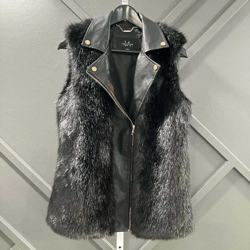 LA Coalition Black Faux Fur Moto Vest Vegan Leather Zip Sleeveless Jacket Size M